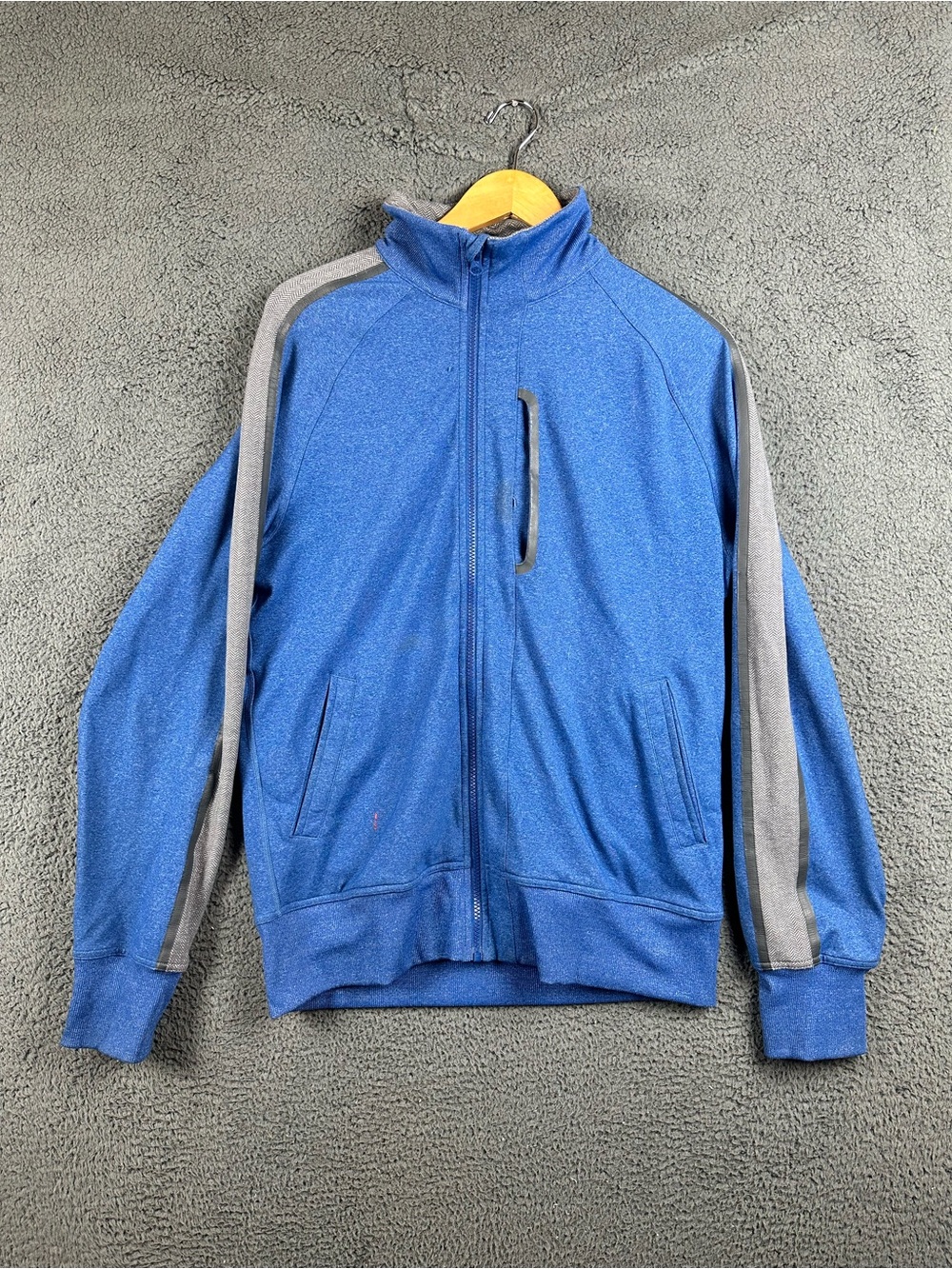 Lululemon Mens Full Zip Track Jacket Blue Grey Herringbone Stripe Size M Flaw
